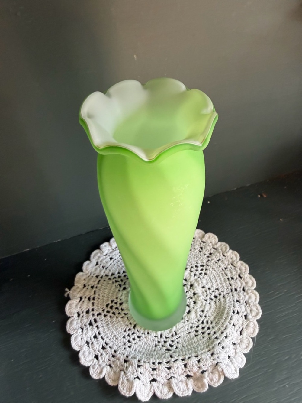 Green Frosted Glass Flower Vase -